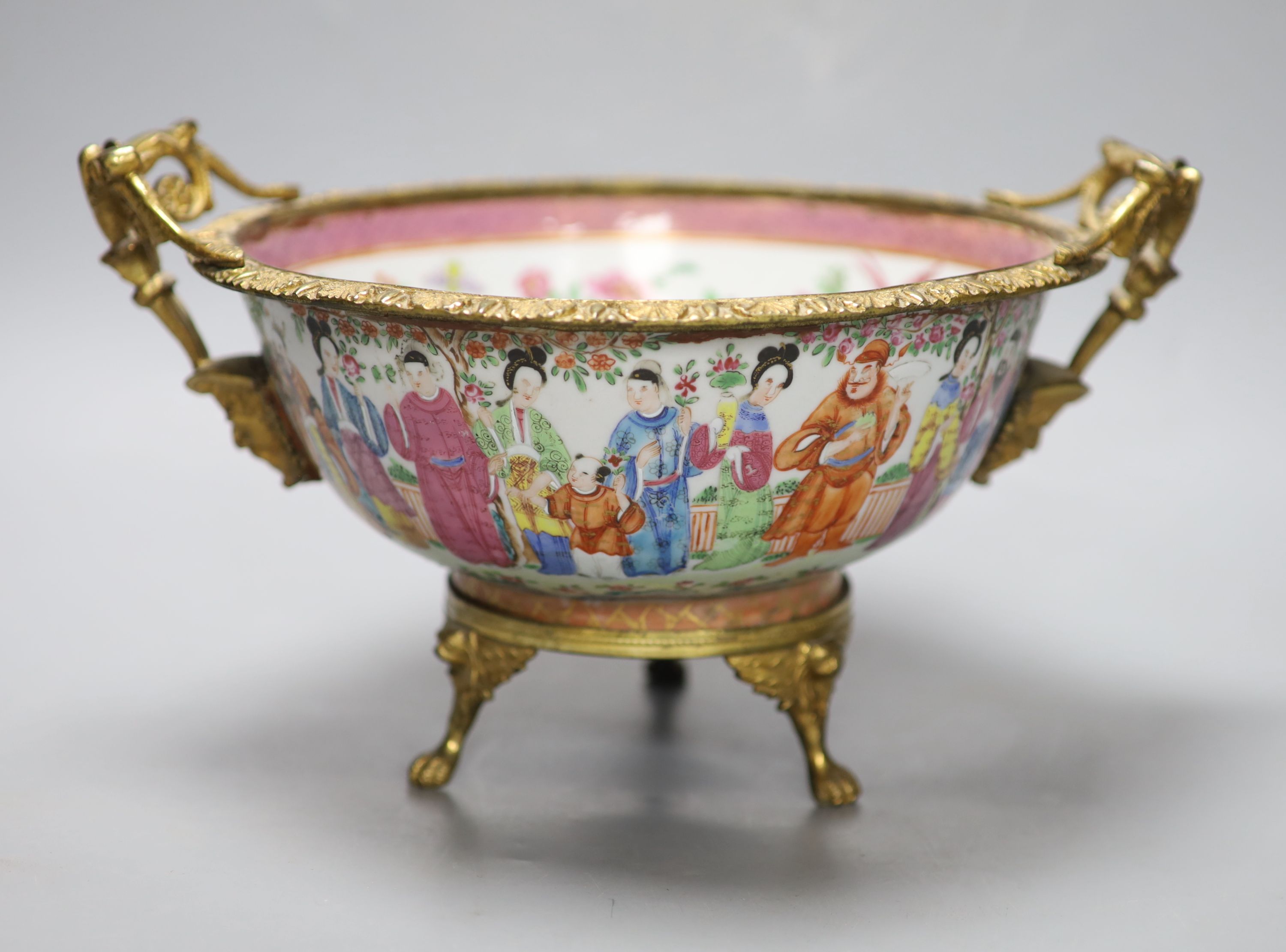 An early 19th century Chinese ormolu mounted famille rose bowl, 30cm handle to handle